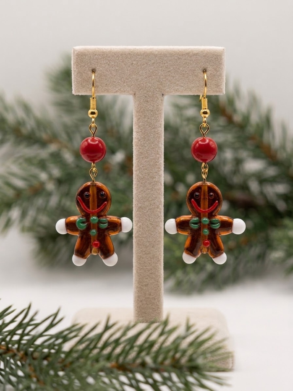 Holiday Gingerbread Man Drop Earrings in Brown and Red